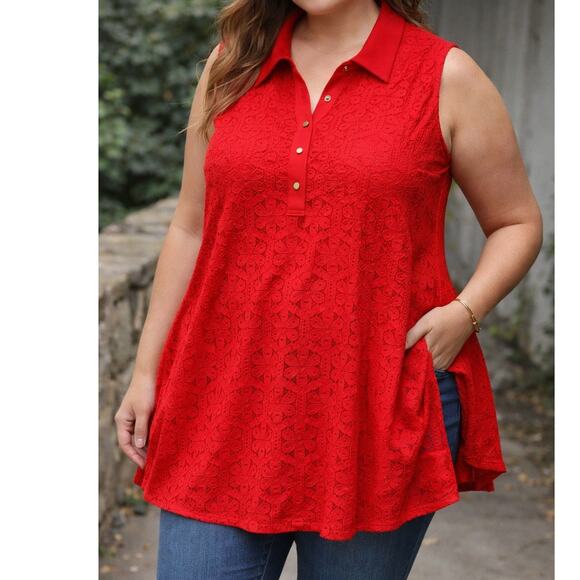 The Limited Tops - The Limited Size 2X Red Lace Sleeveless Tunic Top Romantic Boho Cottagecore